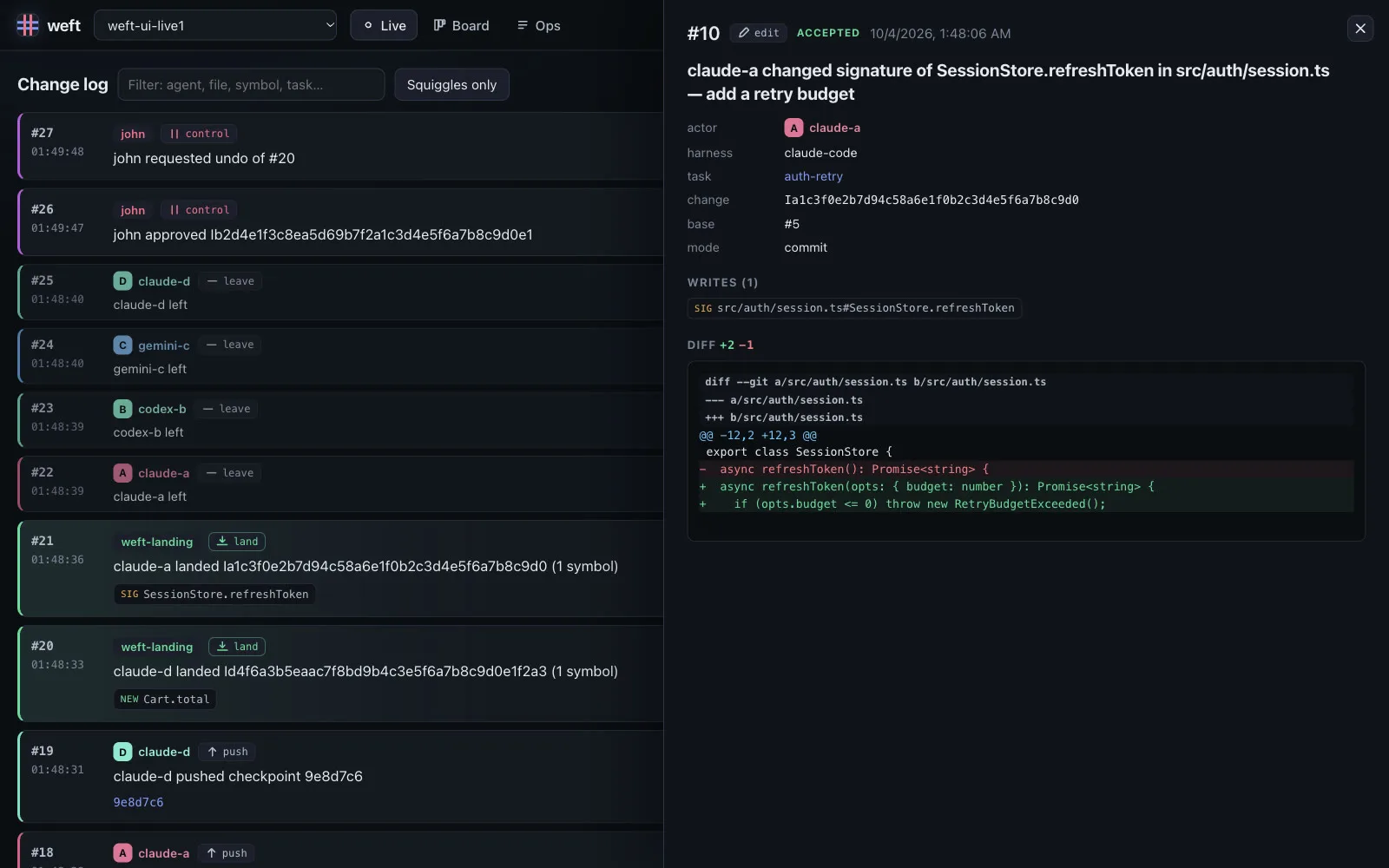 Event detail in the Weft web UI: claude-a changed the signature of SessionStore.refreshToken, with the diff and the symbols it writes.