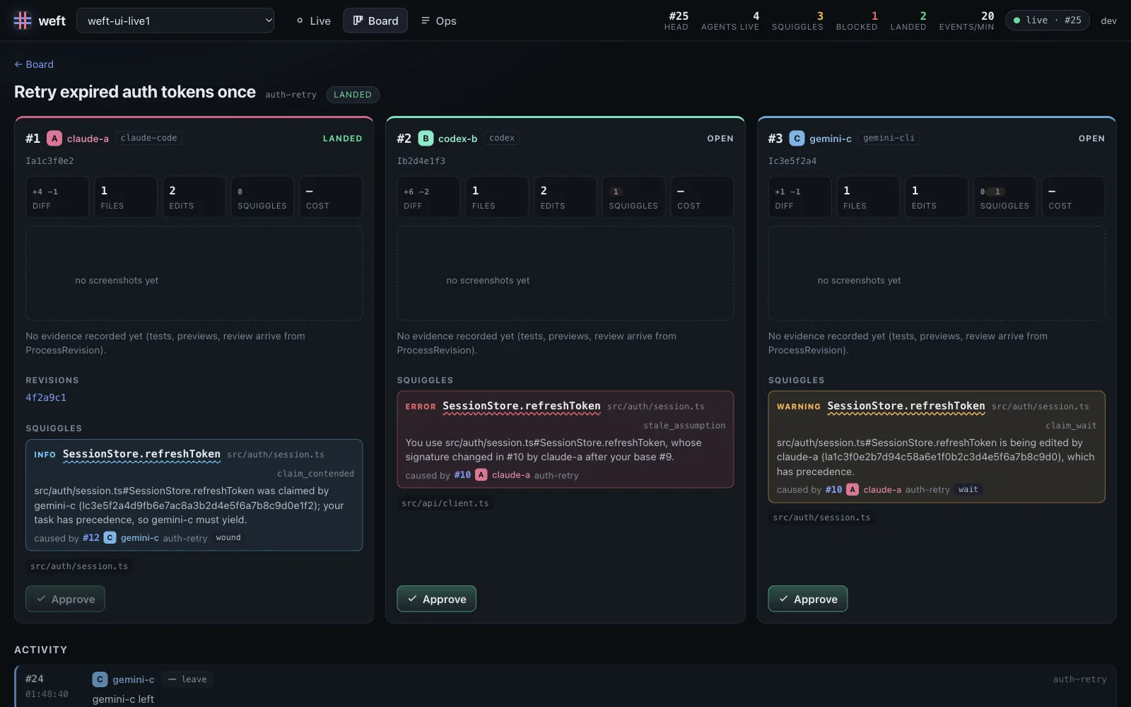 A task in the Weft web UI with two candidate changes, each built in its own fork with its own preview screenshot.